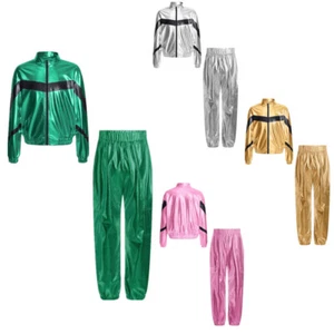 Girl's Dance Outfits Bomber Jacket with Shiny Metallic Dance Cargo Trousers Sets - Picture 1 of 31