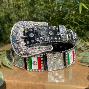 Mexico Flag Cowboy Belt. Men’s Rhinestone Western Belt. Cinto De Pierda Mexico. - Picture 1 of 5