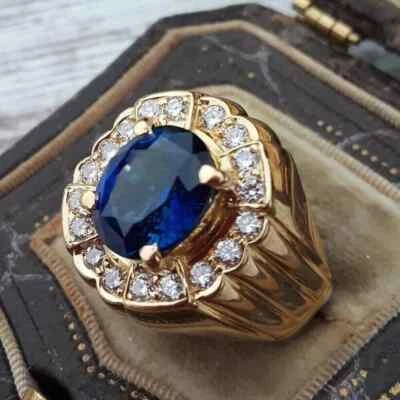 2.50 克拉椭圆形天然蓝宝石和实验室种植钻石男式结婚戒指 925 银 — 第 1/4 张图片