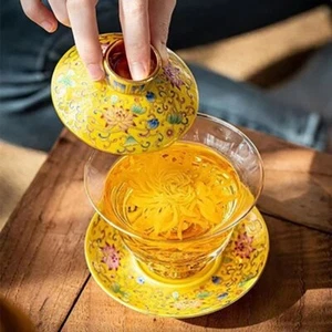 Tea Bowl Thickened Glass Tureen Tea Cover Bowl Lid Sancai Gaiwan Hand Painted - Picture 1 of 30