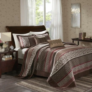 NEW! ~ COZY XXXL MODERN RED WHITE BROWN LEAF LOG CABIN LODGE BEDSPREAD QUILT SET - Picture 1 of 4