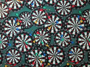 DART BOARDS DARTS GAMES MAN CAVE BAR COTTON FABRIC FQ - Picture 1 of 4