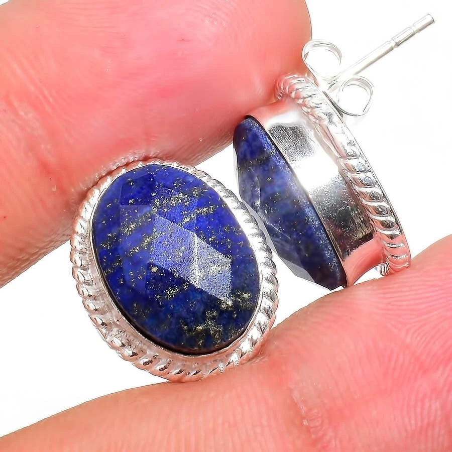 Lapis Lazuli Gemstone 925 Sterling Silver Jewelry Stud Earring Size 0.75" - Image 1 of 1
