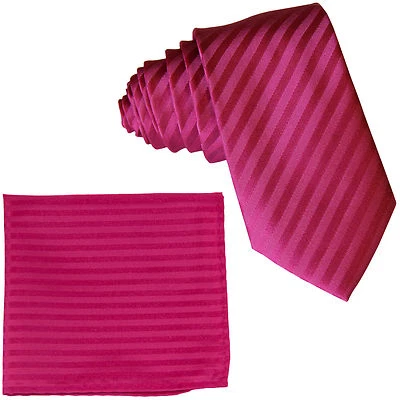 Nuevo Conjunto de Corbata y Pañuelo Para Hombre Poli Tejido 2.5" Slim Tono Sobre Tono Rayas Rosa Caliente Foto 1 de 3