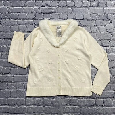Cárdigan tejido 3D con cuello de piel Kathie Lee vintage años 90 talla M marfil preppy vacaciones Foto 1 de 4