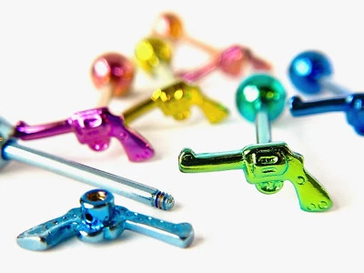 1шт пистолет дизайн язык кольцо титана анодированный 14g Tounge штанга тела ювелирных изделий - Изображение 1 из 3