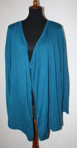 NWT Basic Editions Sz 1X Teal Blue Green Open Drape Cardigan Long Sleeve Sequins - Picture 1 of 7