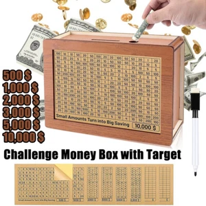 Money Saving Challenge Box Cash Vault Wooden Savings Box Cash Saver $500 $10000 - Picture 1 of 11