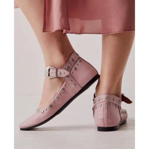 NWOB Free People Mystic Mary Jane Studded Flats Pink Leather Shoes EU38/W7.5 - Picture 1 of 10