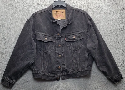 Chaqueta De Colección Levi's Trucker Para Mujer S Negra Denim Gran Tamaño Rojo Pestaña Botón Delantero Foto 1 de 4