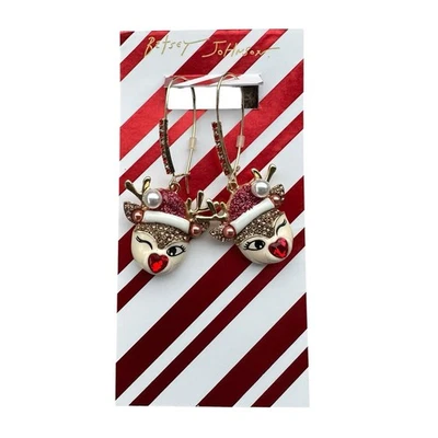 BETSEY JOHNSON   Winking Reindeer Shepherd Hook Earrings NWT - Image 1 of 4