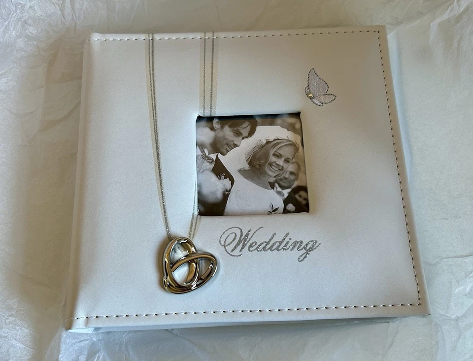 Beautiful White Wedding Album With Rings On Front And Pretty Floral Pages Boxed - Image 1 of 4