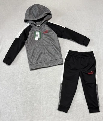 PUMA Hoodie Pants Set Kids Boys 4 Grey Black Raglan 2 Piece Outfit Hooded NWT - Image 1 of 4