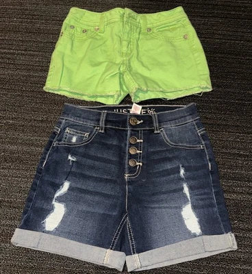 Girls Justice Jean Shorts Size 12. Lime green cut off and denim button down cuff - Image 1 of 4