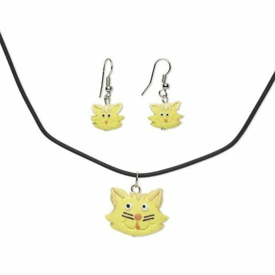 Juego de joyas collar pendientes de arcilla polimérica Fimo gatos gatito amarillo hecho a mano Foto 1 de 1