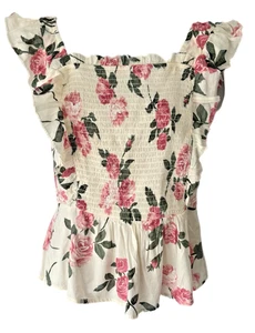 OLD NAVY Women's Smocked Pink Roses Flutter Sleeve Ruffle Top SZ XS - Picture 1 of 7