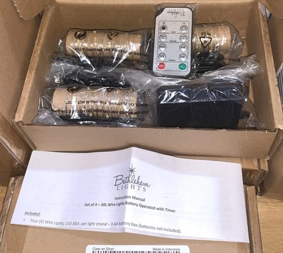 Caja de 4 luces de cable Bethlehem 30 LE temporizador remoto ~ plateado/transparente ~ cajas nuevas/selladas Foto 1 de 3
