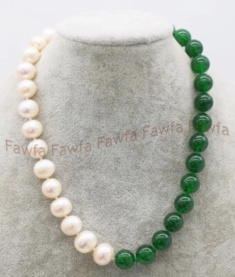 Collar de cuentas redondas gemas de jade verde natural de 11-12 mm de perlas Akoya blancas de 12 mm de 18"" Foto 1 de 3