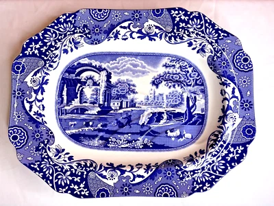 Prato oval de porcelana italiano Spode 18" azul/branco - Imagem 1 de 4