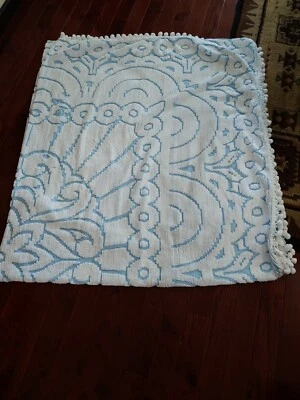 Винтажное покрывало из шениля 92 x 102 сине-белая ткань для постельного белья - Изображение 1 из 4