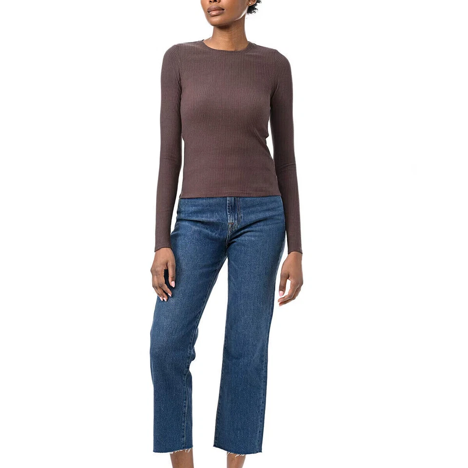 Splendid Women's Rib Classic Long Sleeve Crew Neck Tee Brown XL