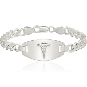 925 Sterling Silver Medical Alert Curb Link Chain Bracelet - Picture 1 of 22