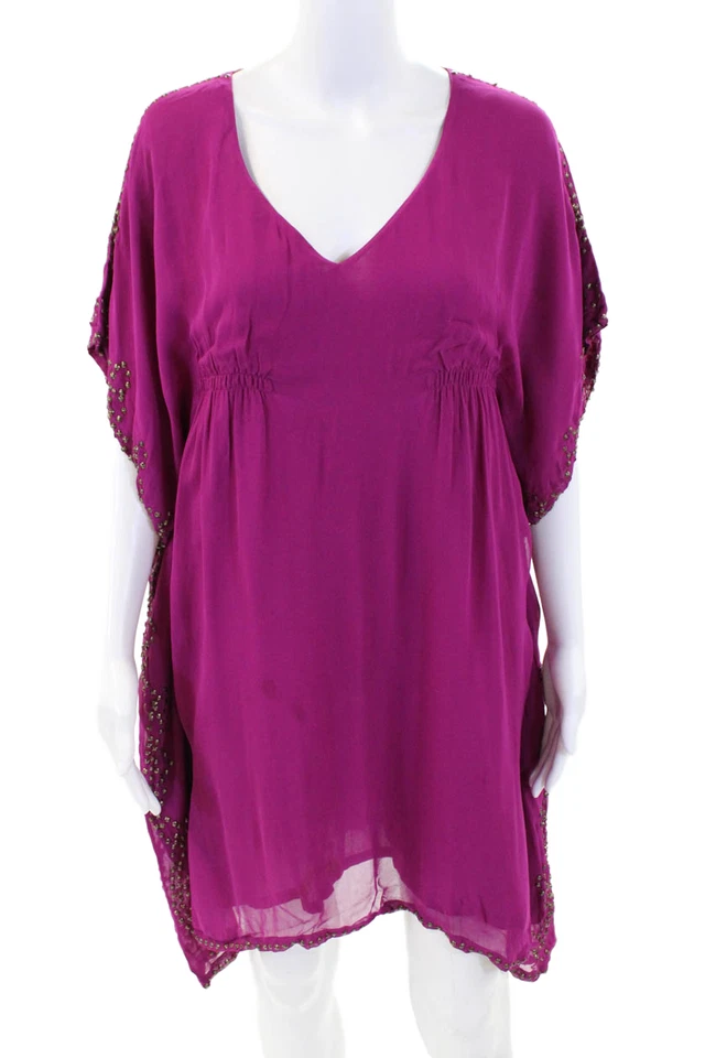 Antik Batik Womens Beaded Textured V Neck Short Sleeved Draped Dress Pink Size S Foto 1 de 4