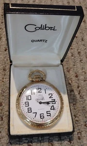 Colibri Gold-Tone Quartz Pocket Watch with Train Engraving - Picture 1 of 10