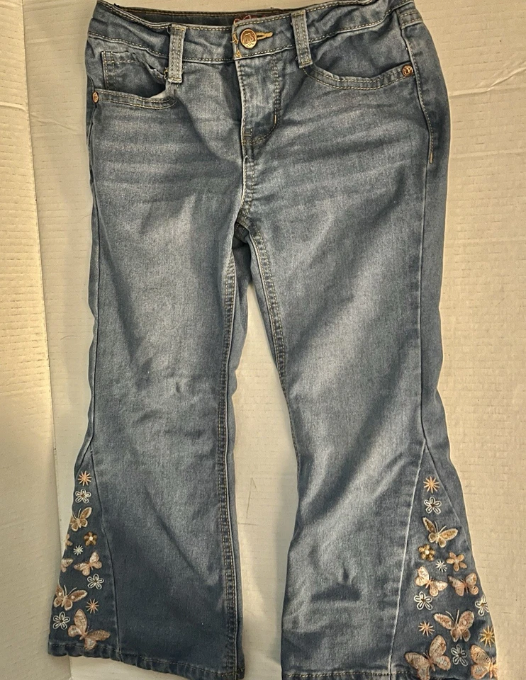 Pantalones de mezclilla para niñas Beautees Bell Bottom bordados cintura ajustable talla 6 Foto 1 de 4