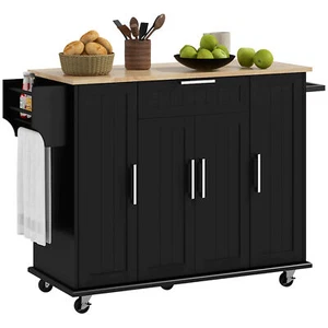 52" Wood Rolling Kitchen Island Cart with Storage Drawers Door Wheels Towel Rack - Picture 1 of 11