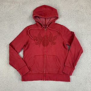 Vintage Lucky Brand Womens Large Red Full Zip Hoodie Embroidered Bird Peace Y2K