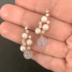 Purple Chalcedony & Real Pearl Drop Earrings with Rhinestones Vintage Style Gift - Picture 1 of 7