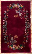 Vintage Nichols Rug Hand Knotted Wool Dark Red w Floral Oval Asian Wreath
