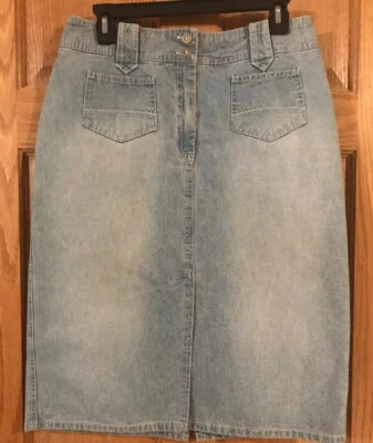 Saia jeans tamanho 8 reta abaixo do joelho fenda azul lavagem leve foco 2000 - Imagem 1 de 4