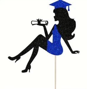 Cake Topper Blue Glittery Card Stock Paper Graduation University High School - Picture 1 of 3