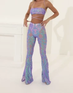 Lucy In The Sky Sequin Set in Purple Iridescent XS Festival Rave Hippie - Picture 1 of 21