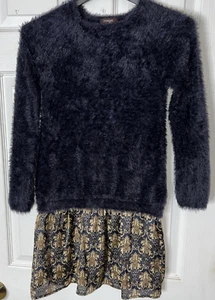 Designer Imoga Girl Sz 10 Sylvie Scarlet Dress 1pc Navy Blue Fuzzy Sweater Satin - Picture 1 of 8