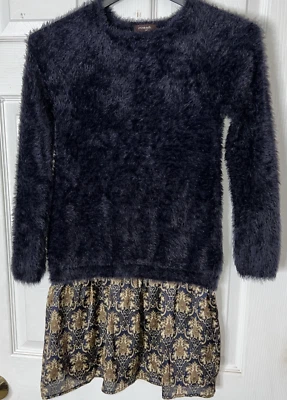 Designer Imoga Girl Sz 10 Sylvie Scarlet Dress 1pc Navy Blue Fuzzy Sweater Satin - Image 1 of 4