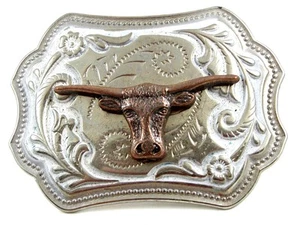 Hebilla de cinturón cabeza de toro Western Silvertone cuerno largo #102113q - Imagen 1 de 3