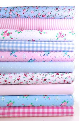 FABRIC BUNDLE PINK AND BLUE 10 FAT QUARTERS POLYCOTTON CRAFT FLORAL GINGHAM 21" - Image 1 of 2