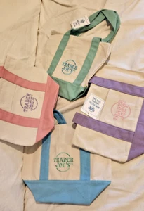 4 Trader Joe's Mini Canvas Tote Bag w tag Pastel Pink Blue Purple Green Joe Joes - Picture 1 of 3