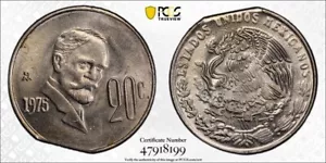 Mexico Mint Error 1975 Mo 20 Centavos PCGS MS62 Straight End Clip - Picture 1 of 2