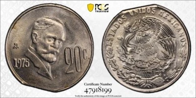 Mexico Mint Error 1975 Mo 20 Centavos PCGS MS62 Straight End Clip - Image 1 of 2