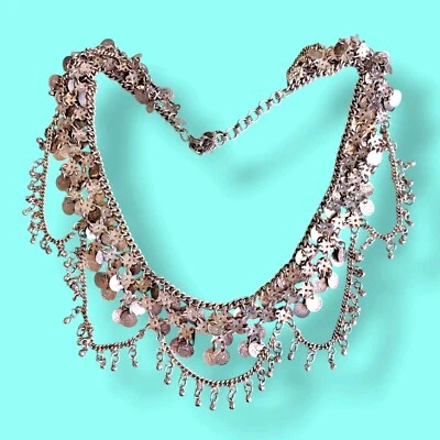 美丽老式银色复古肚皮舞链皮带圆盘铃 37 英寸 — 第 1/4 张图片