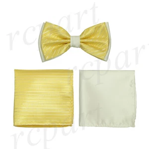 New Men's Pre-tied Bow tie & 2 hankies set yellow stroke stripes wedding formal - Picture 1 of 3