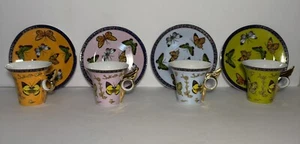 (4) CLASSIC COFFEE & TEA CUPS AND SAUCERS BUTTERFLY BLUE GREEN PINK ORANGE - Picture 1 of 24