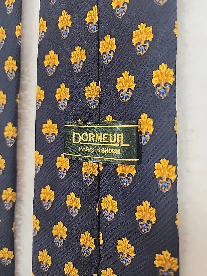 DORMEUIL Men's 100% Silk Necktie ITALY Designer Medallions Navy Gold Paris EUC - Image 1 of 4