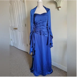 Abito lungo da sera Jade Couture elegante blu spalle aperte smanicato shall taglia 16 - Foto 1 di 11
