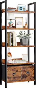 5-Tier Bookshelf, Tall Bookcase with 2 Storage Drawers, Industrial Display Stand - Picture 1 of 9
