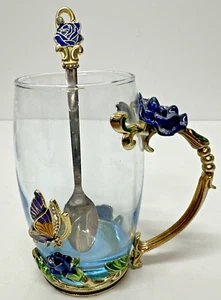 Glass Coffee Mug Enamel Rose Flower Butterfly Drinking Cup with Spoon - Picture 1 of 12